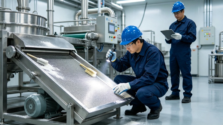 Technician inspecting fine screen mesh panel for quality control in industrial screening equipment