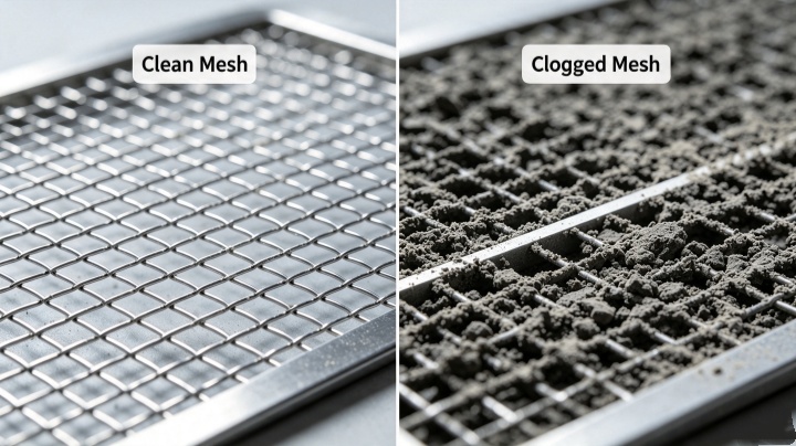 Comparison of clean sieve mesh versus clogged screen mesh showing near-size particle lodging and blinding