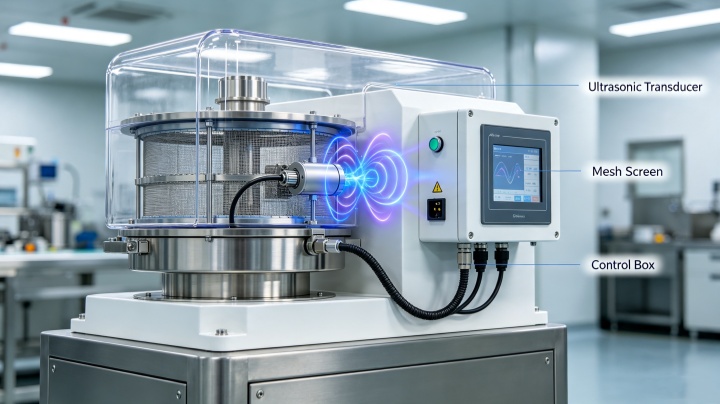 Ultrasonic sieving system with transducer and control unit for fine powder deblinding