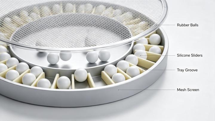 Self-cleaning ball tray with rubber balls mounted under the screen mesh for anti-blinding