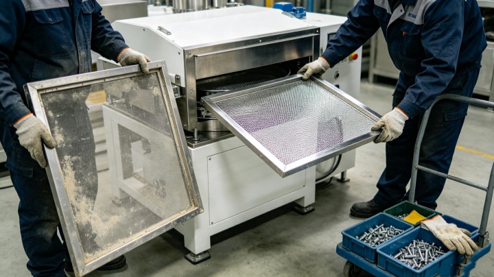 Technician inspecting and replacing worn sieve mesh on a powder screening machine during routine maintenance