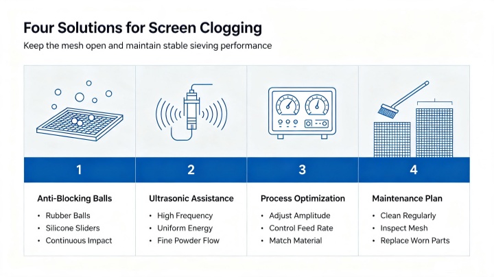 Comparison chart of powder screening solutions: ball trays, ultrasonic deblinding, setup optimization, and preventive maintenance