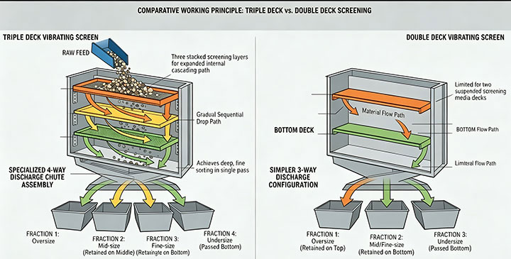 Comparative working principle diagram showing triple deck vs double deck vibrating screens with multi-stage material flow and discharge configurations