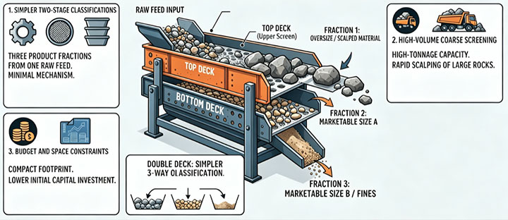Infographic illustrating the advantages, two-stage classifications, and applications of a double deck vibrating screen