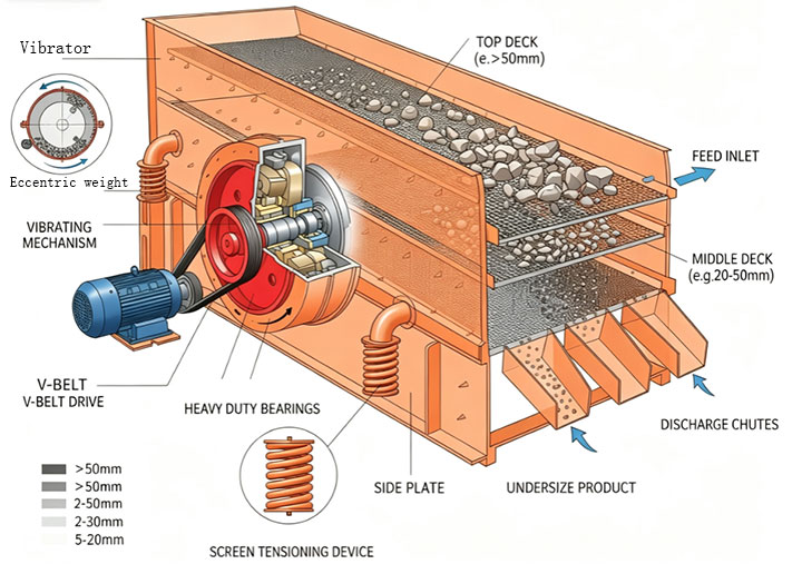 Technical cutaway diagram of an industrial triple deck vibrating screen showing multi-stage screening decks and four-way discharge chutes for precise aggregate gradation