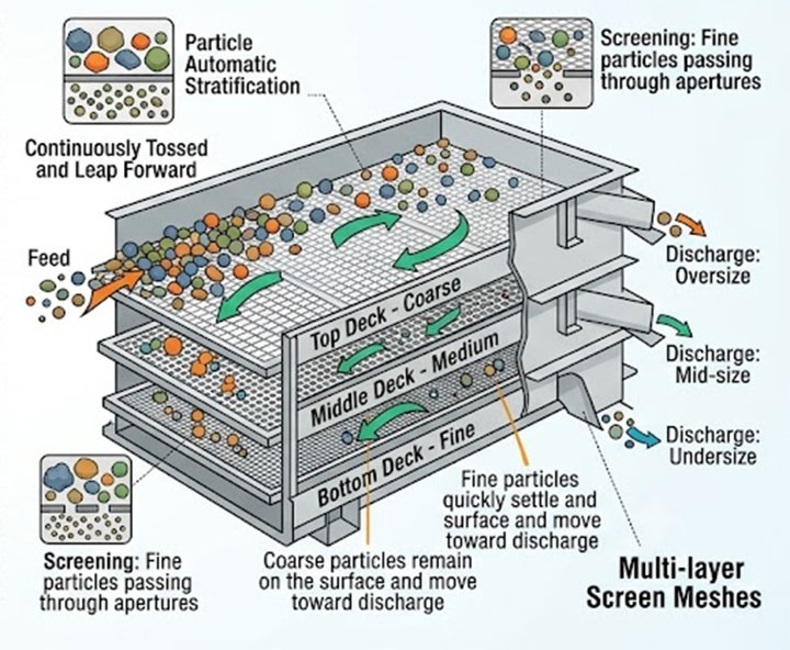 Working principle diagram of heavy duty multi-layer linear vibrating screen showing material stratification and multi-deck screening mechanism.