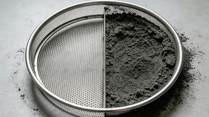Close-up comparison of clean vs. severely blinded fine powder screening sifter mesh, showing powder clogging and screen covering issues in industrial sieving equipment