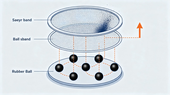 Ball tray anti-blinding system cross-section showing elastomeric balls bouncing against fine powder screen mesh to dislodge clogged particles in vibratory sifter