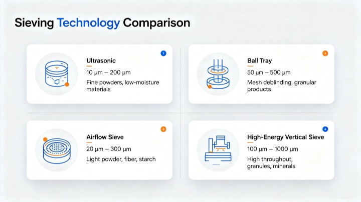 Comparison infographic of four anti-blinding solutions for fine powder screening: ultrasonic deblinding, ball tray, air-swept sieve, and high-energy vertical action sifter with application recommendations