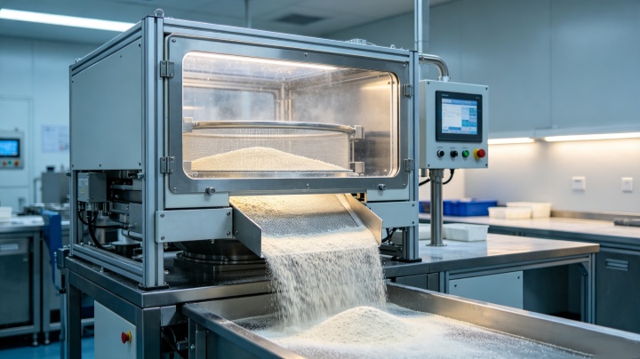 Industrial fine powder screening sifter machine operating smoothly in production line with consistent material flow and efficient sieving performance