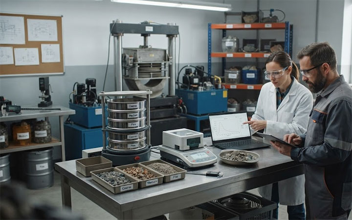 Engineers analyzing particle size distribution and material characteristics in an industrial laboratory for screening equipment selection.