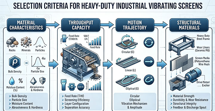 Professional engineering infographic illustrating selection criteria for heavy-duty industrial vibrating screens including material characteristics and motion trajectory.