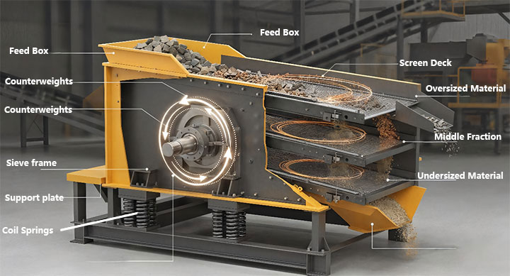 3D cutaway diagram illustrating the working principle of a heavy-duty circular vibrating screen, showing eccentric counterweights, multi-deck screening, and material separation flow.