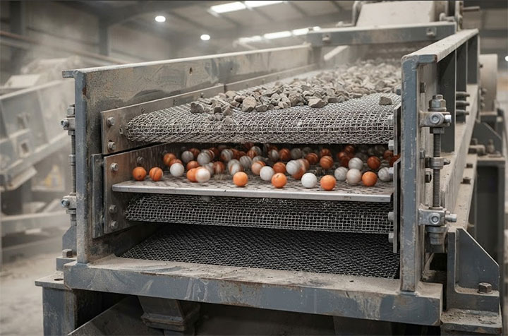 Multi-layer screen deck of an industrial vibrating screen featuring bouncing balls and anti-clogging components to maintain screening accuracy and prevent mesh blinding.