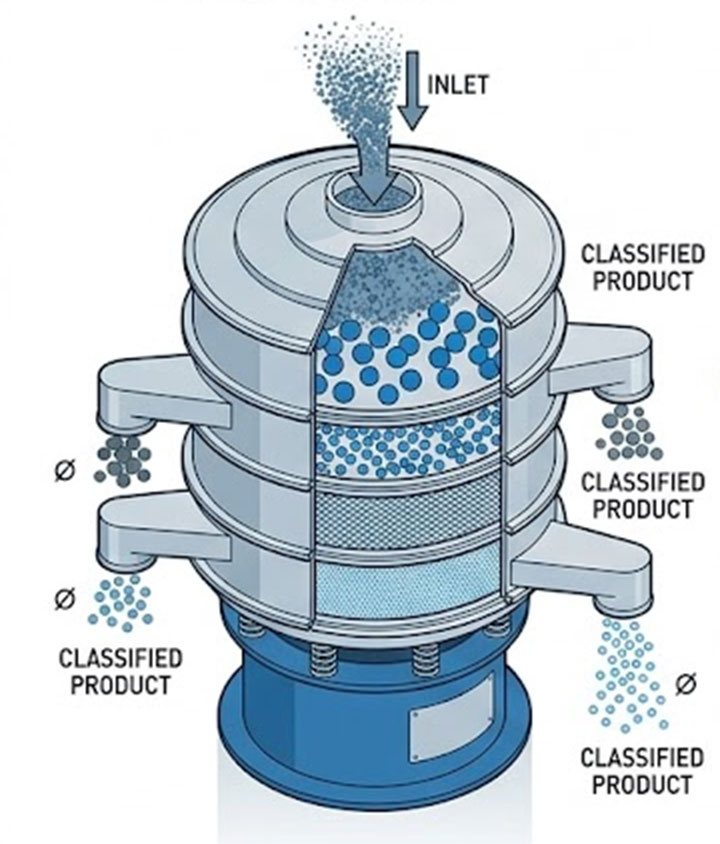 Working principle of multi-deck rotary vibrating screener showing powder size classification