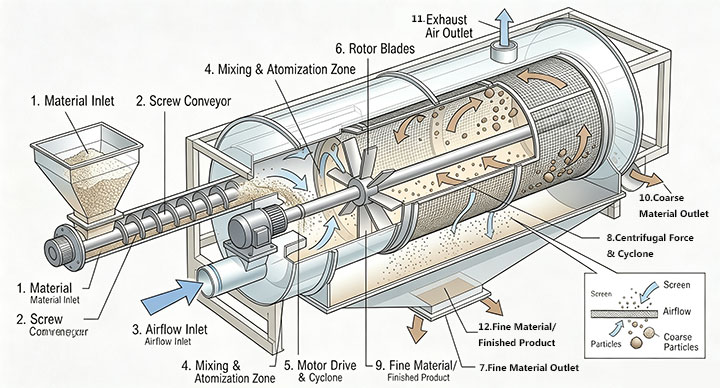 Technical diagram of air-flow centrifugal sifter working principle with pneumatic airflow and rotor blades