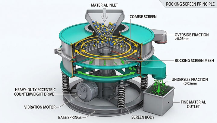 3D cutaway diagram of tumbler screener working principle showing material trajectory and drive system