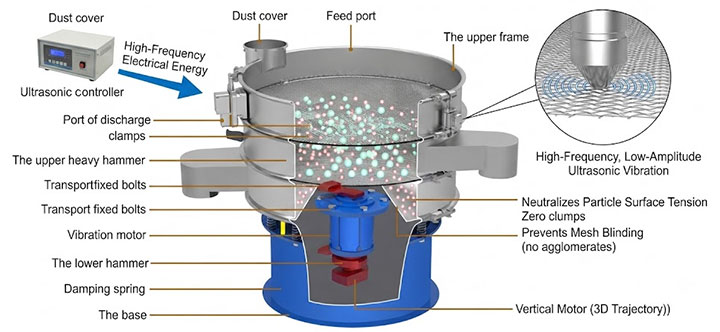 Ultrasonic rotary vibrating screen working principle diagram – showing feed port, ultrasonic controller, high-frequency vibration motor, anti-blinding mesh mechanism, and 3D motion trajectory