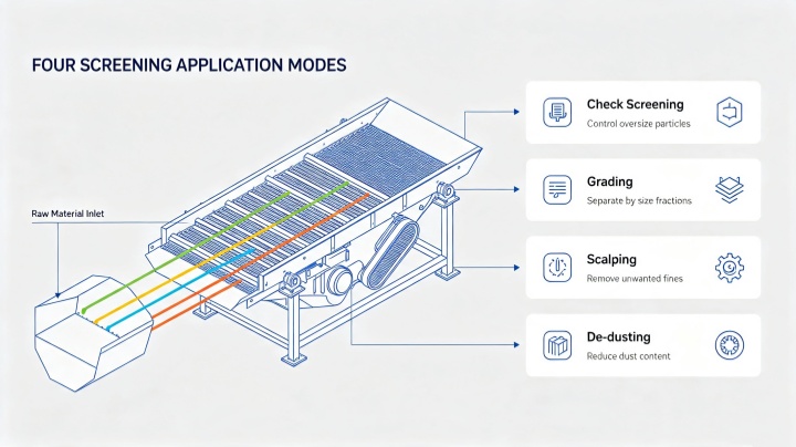 Infographic showing four screening applications: check screening, grading, scalping, and de-dusting for bulk solids