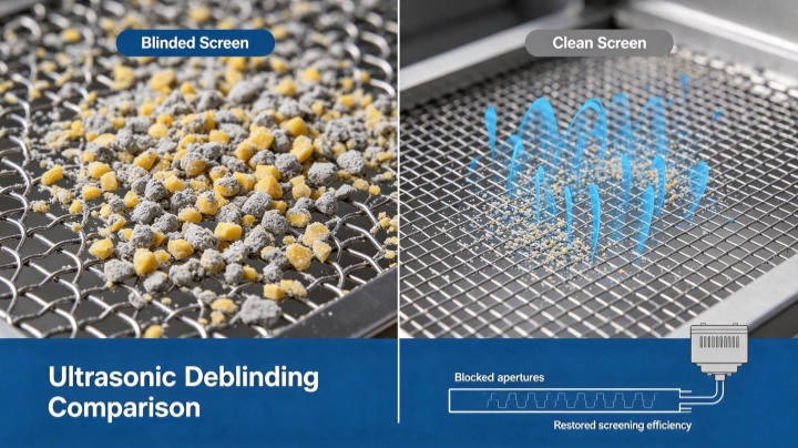 Ultrasonic deblinding system mounted under the screen mesh to prevent blinding of fine powders during bulk material screening
