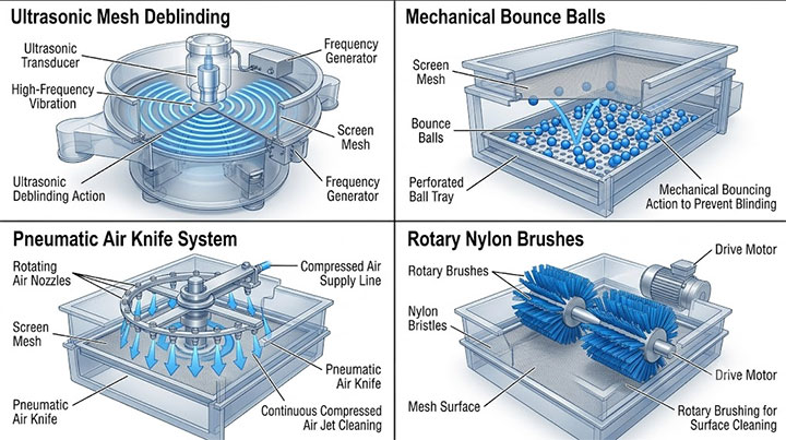 Comparison diagram of four anti-mesh-blinding systems for fine powder screening: ultrasonic deblinding transducer with high-frequency vibration, pneumatic air knife system with rotating nozzles, mechanical bouncing balls and slider rings, and rotary nylon brushes with drive motors for surface cleaning.