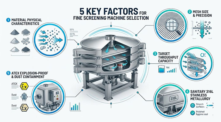 3D infographic showing 5 key factors for fine screening machine selection: material properties, mesh size, throughput capacity, sanitary 316L stainless steel, and ATEX dust safety.