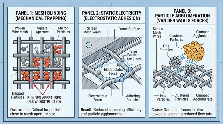 Microscopic engineering diagram of three screening obstacles: mechanical mesh blinding, electrostatic adhesion, and particle agglomeration