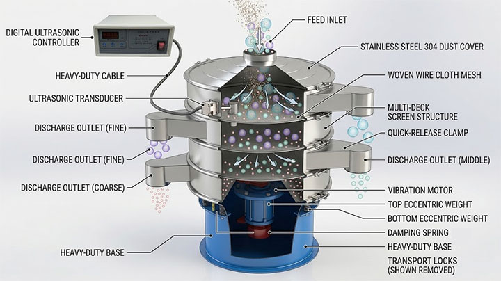 3D technical CAD cutaway diagram of an ultrasonic vibrating screen showing digital controller, transducer, stainless steel wire mesh, discharge outlets, and vibration motor