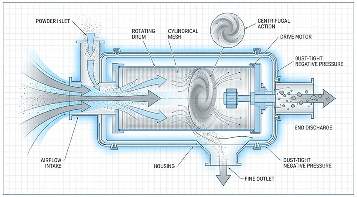 Technical engineering CAD diagram of a horizontal Airflow Centrifugal Sifter working principle showing airflow feeding, cylindrical mesh, centrifugal separation, and dust-tight negative pressure operation