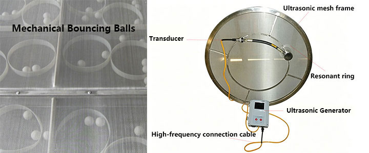 Side-by-side comparison of anti-blinding systems: Mechanical bouncing balls for 100-200 mesh vs Ultrasonic deblinding system with transducer and resonant ring for 200-500 mesh