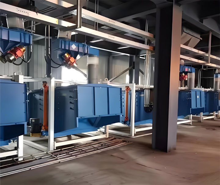 Multiple square gyratory screens installed in parallel inside a modern feed processing and grain cleaning facility