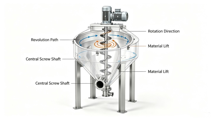 3D cross-section diagram showing the planetary rotation and screw self-rotation mixing motion of a conical screw mixer