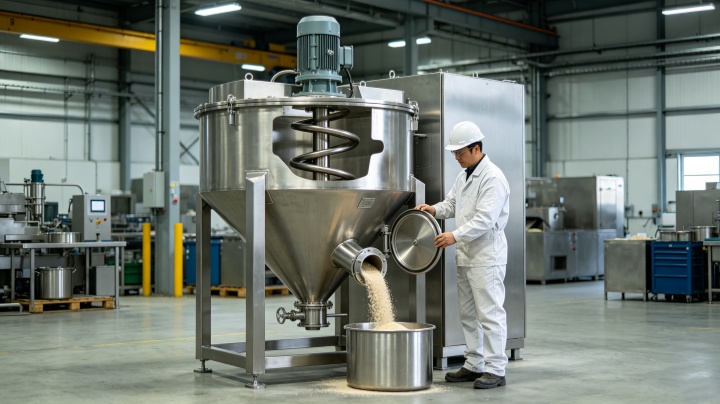 Conical screw mixer installed in a pharmaceutical manufacturing cleanroom for API powder blending