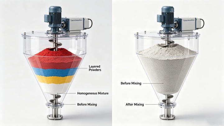 Before and after comparison showing uniform powder blending achieved by a conical screw mixer with 1:100,000 mixing accuracy
