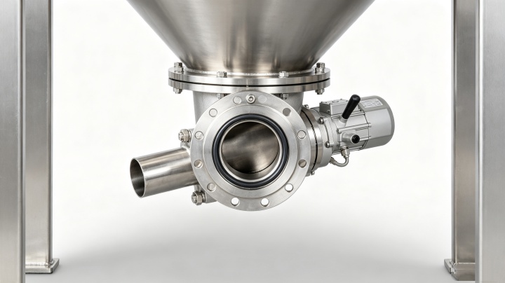 Bottom center discharge valve of a conical screw mixer enabling complete emptying with low residual material