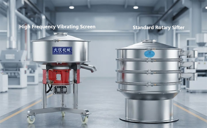 Side-by-side comparison of a high-frequency vibrating screen (left) and a standard rotary sifter (right) in a modern industrial facility.