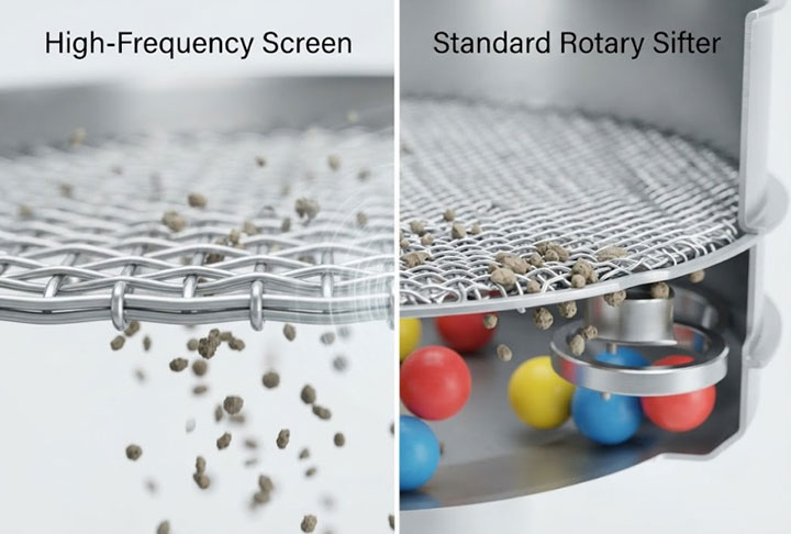 Macro view comparing anti-blinding performance: High-frequency screen's self-cleaning (left) vs standard rotary sifter's bouncing balls (right).