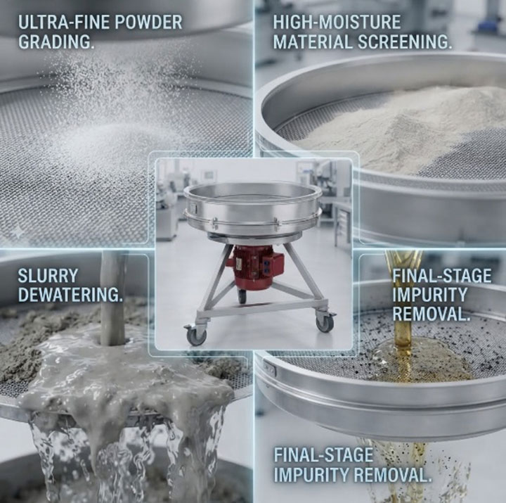 Diverse industrial applications of high-frequency vibrating screen: micro-fine grading, moisture-resistant screening, slurry dewatering, and impurity removal.