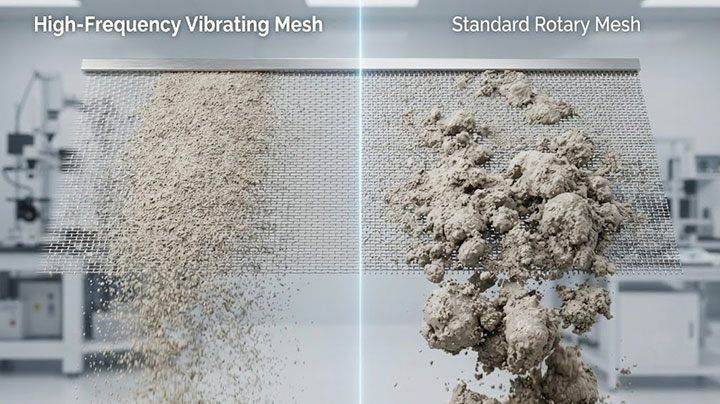 Macro comparison of screening performance for sticky damp powder: high-frequency vibrating mesh (left) preventing clumping versus standard rotary mesh showing severe moisture-driven agglomeration (right).