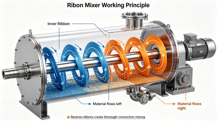 Cross-section diagram of ribbon mixer working principle showing inner and outer helical ribbons moving material in opposite directions for homogeneous blending