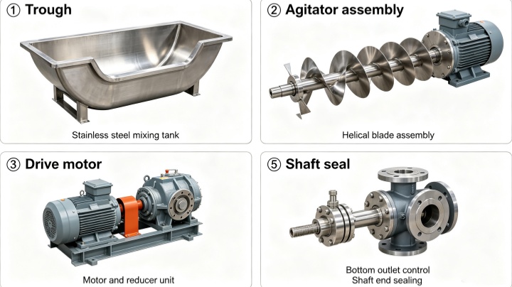 Labelled structural features of ribbon mixer blender including U-shaped trough, double helical ribbons, geared motor, pneumatic discharge valve, and mechanical shaft seals
