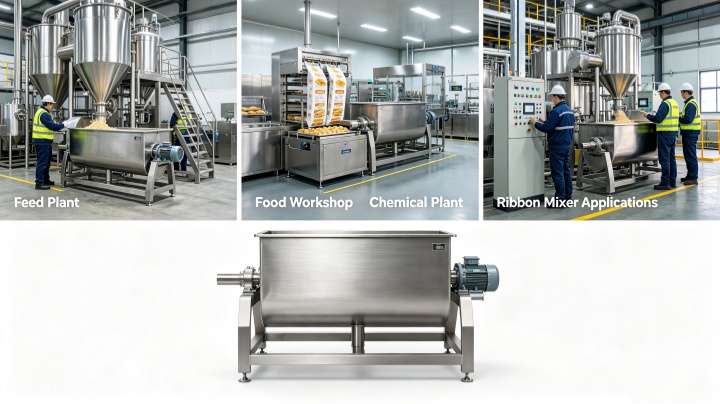 Ribbon mixer blender applied in food powder processing line with operator loading materials into the hopper