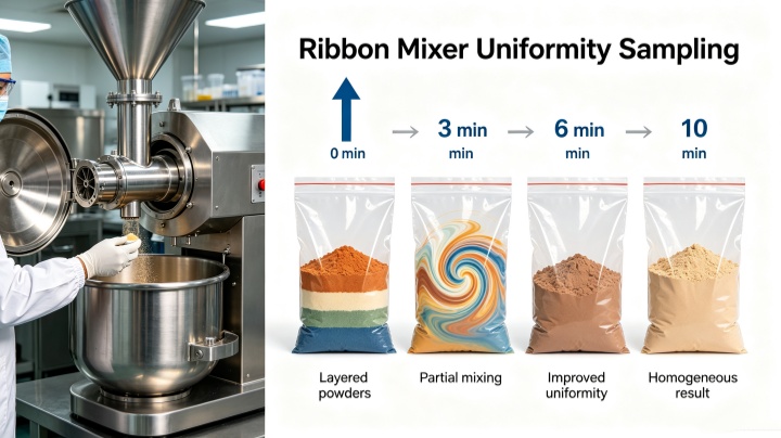 Blending uniformity test results of ribbon mixer showing sample color changes from 0 to 10 minutes achieving CV below 5 percent