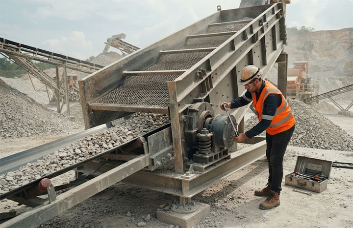 Field service engineer adjusting a heavy-duty sand and gravel vibrating screen at a limestone quarrying plant