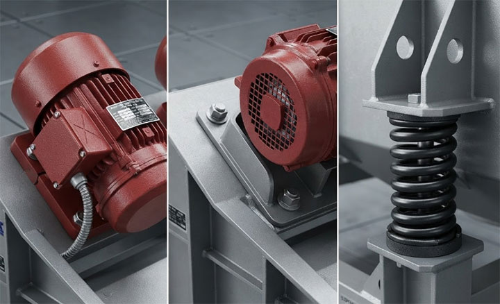 Close-up details of the heavy-duty vibrating motor and shock-absorbing suspension springs on an industrial vibrating screen.