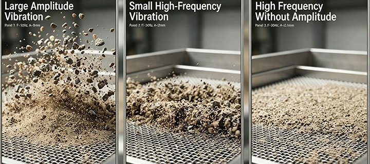 Comparison of large amplitude, small frequency, and blinding vibration modes on a sand and gravel vibrating screen surface.