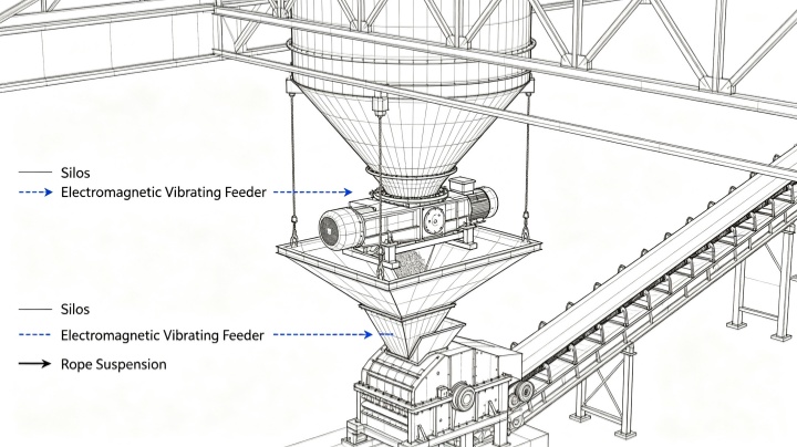 Installation layout diagram showing bin discharge to suspended feeder to belt conveyor system