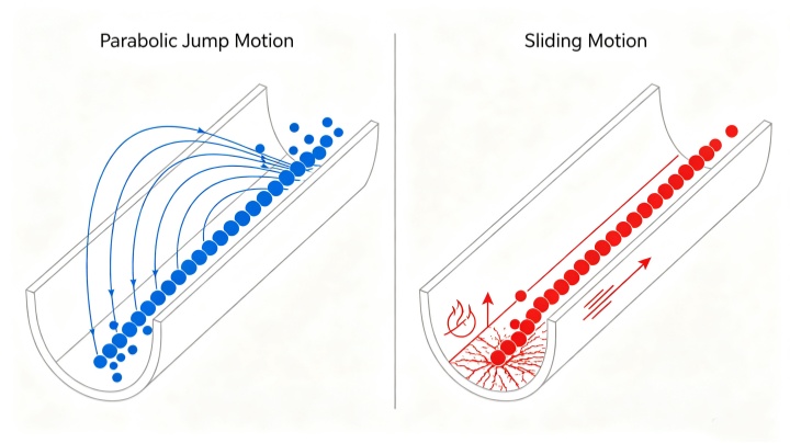 Vibrating feeder material movement parabolic trajectory chart