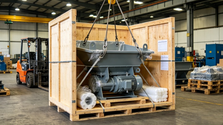 Electromagnetic vibrating feeders packed in wooden cases ready for shipment from factory warehouse