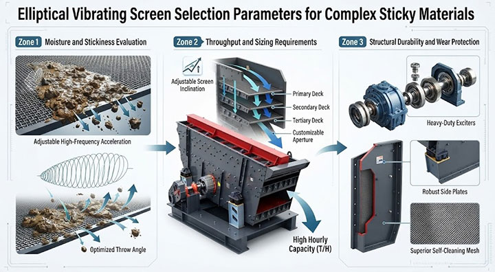 Technical selection infographic for heavy-duty elliptical vibrating screens, detailing moisture evaluation, throughput capacity, and structural durability parameters.